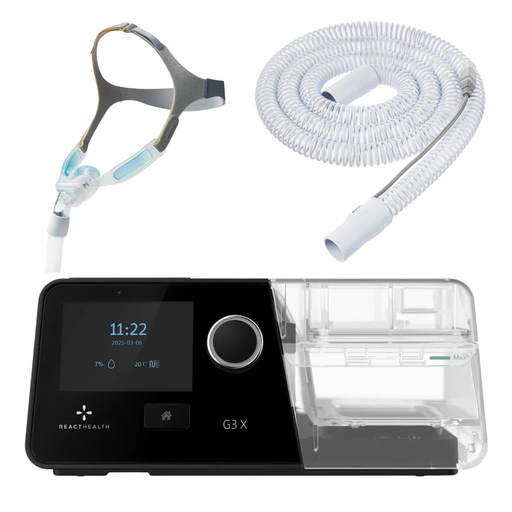 React Health G3 X Auto-CPAP machine with Nuance Pro gel nasal pillow mask, fabric headgear, and heated tube