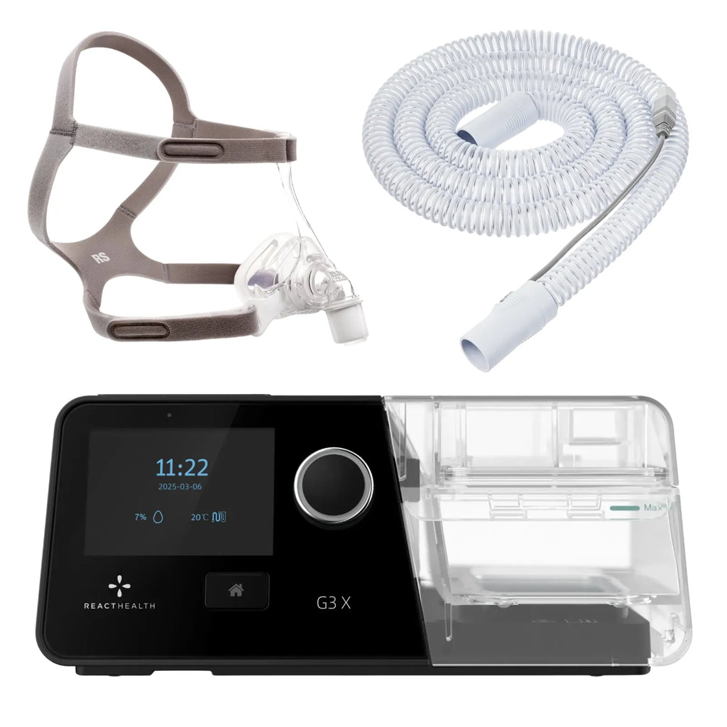 React Health G3 X Auto-CPAP machine with Pico nasal mask, minimal-contact cushion, and coiled heated tube