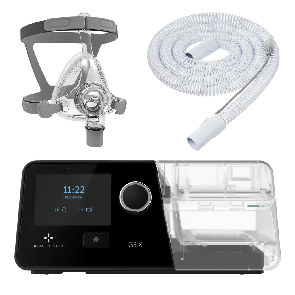 React Health G3 X Auto-CPAP machine with F&P Simplus full face mask, three-quarter view, and heated tube