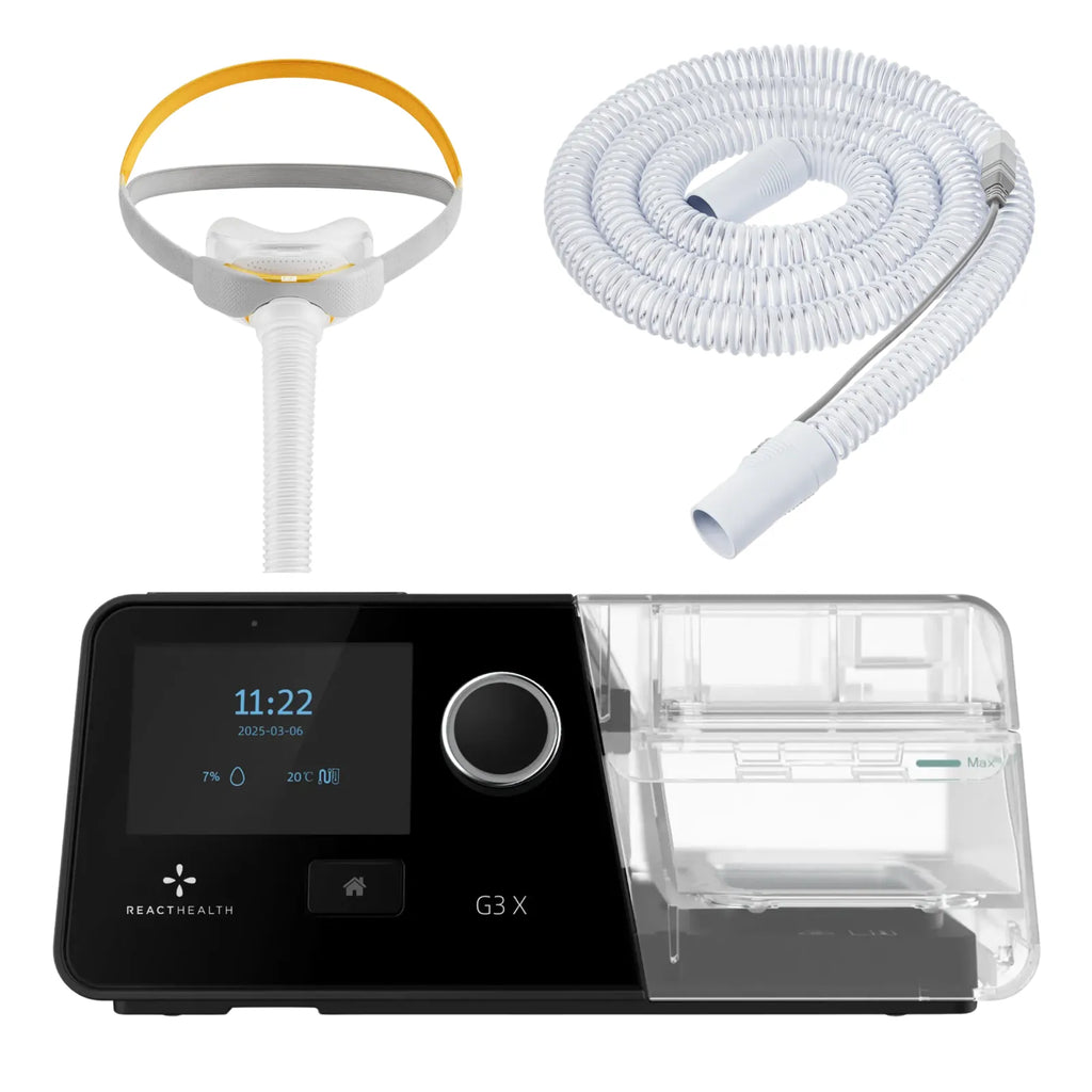 React Health G3 X Auto-CPAP machine with F&P Solo nasal mask, yellow AutoFit strap, and heated tubing