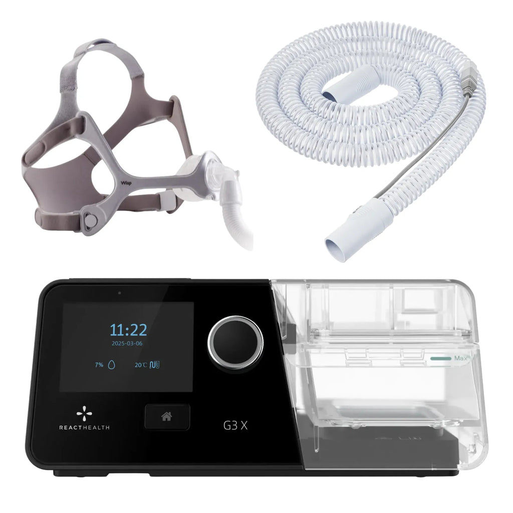 React Health G3 X Auto-CPAP machine with Wisp nasal mask, fabric frame side view, and heated tubing