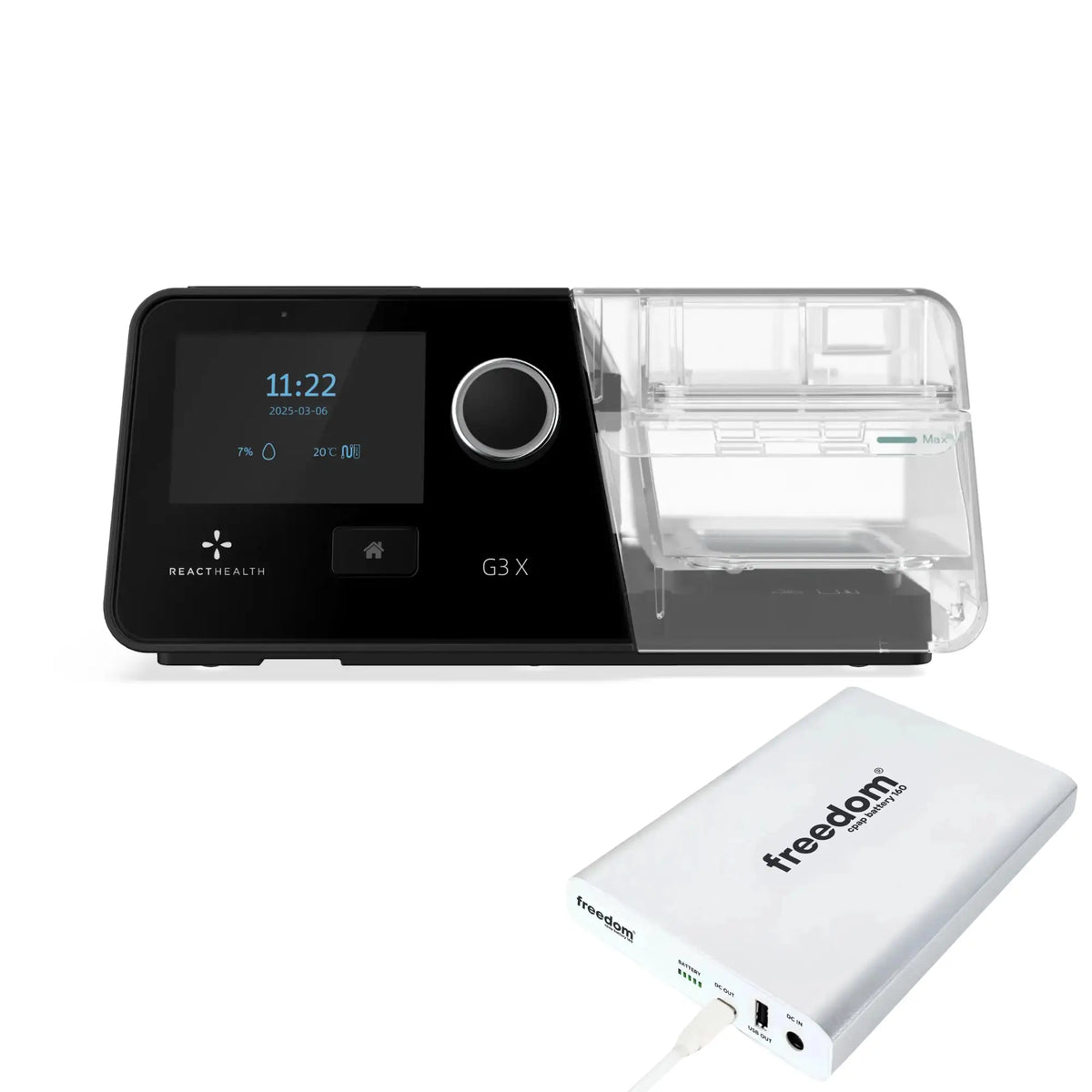 React Health G3 X Auto-CPAP machine angled beside white Freedom 160 backup battery with charging cable