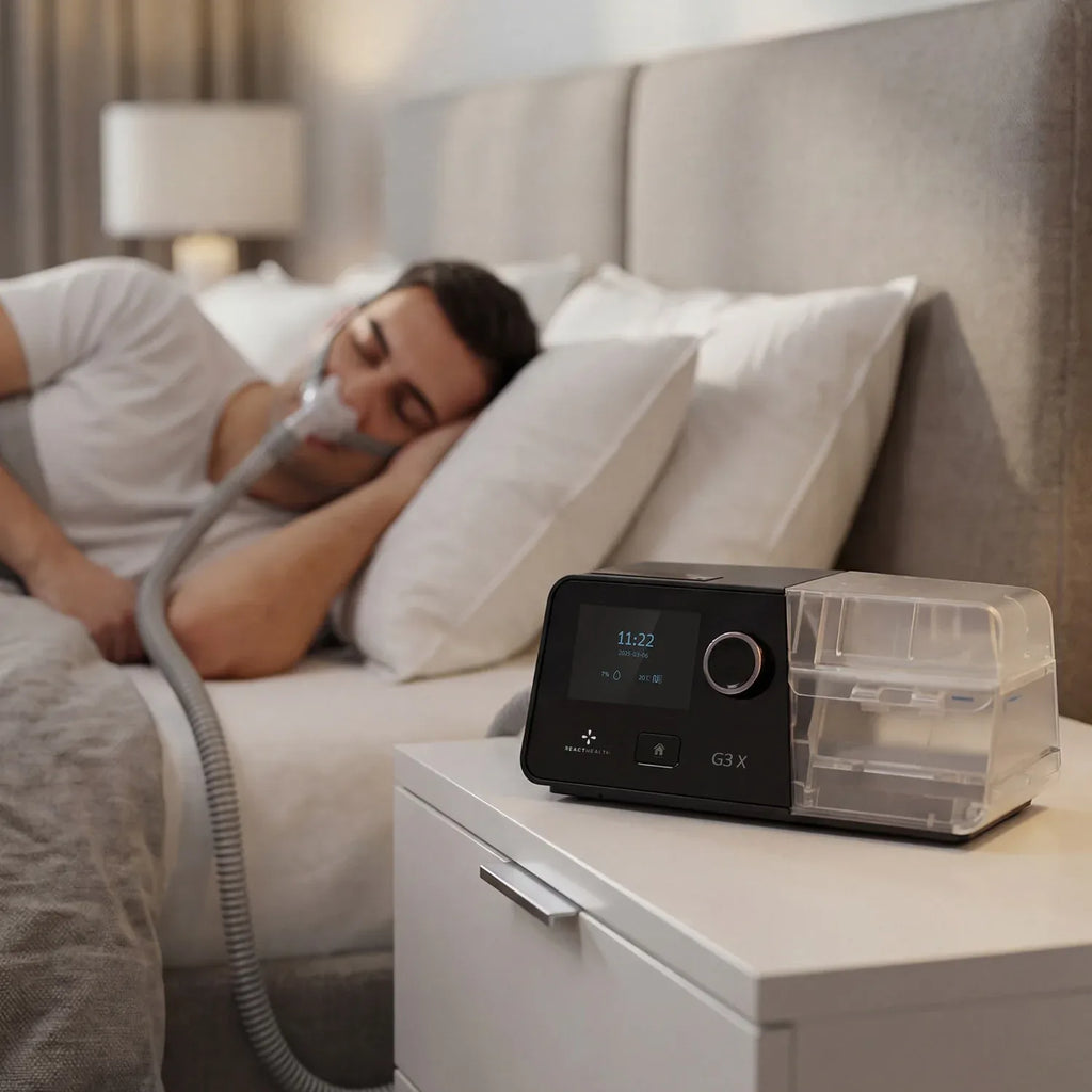 Man wearing a nasal CPAP mask while using the React Health G3 X Auto-CPAP machine