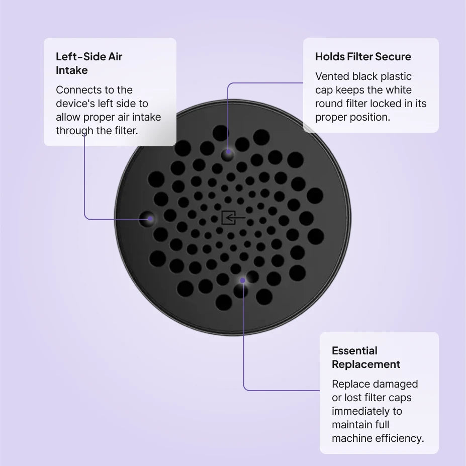 React Health Luna TravelPAP filter cover features: left-side air intake, vented cap holds the filter secure, replace if damaged or lost