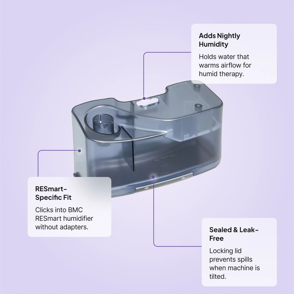 RESmart humidifier chamber: adds nightly humidity, RESmart-specific click-in fit, sealed leak-free locking lid for BMC CPAP machines.