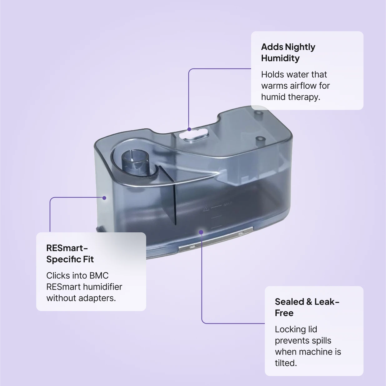 RESmart humidifier chamber: adds nightly humidity, RESmart-specific click-in fit, sealed leak-free locking lid for BMC CPAP machines.