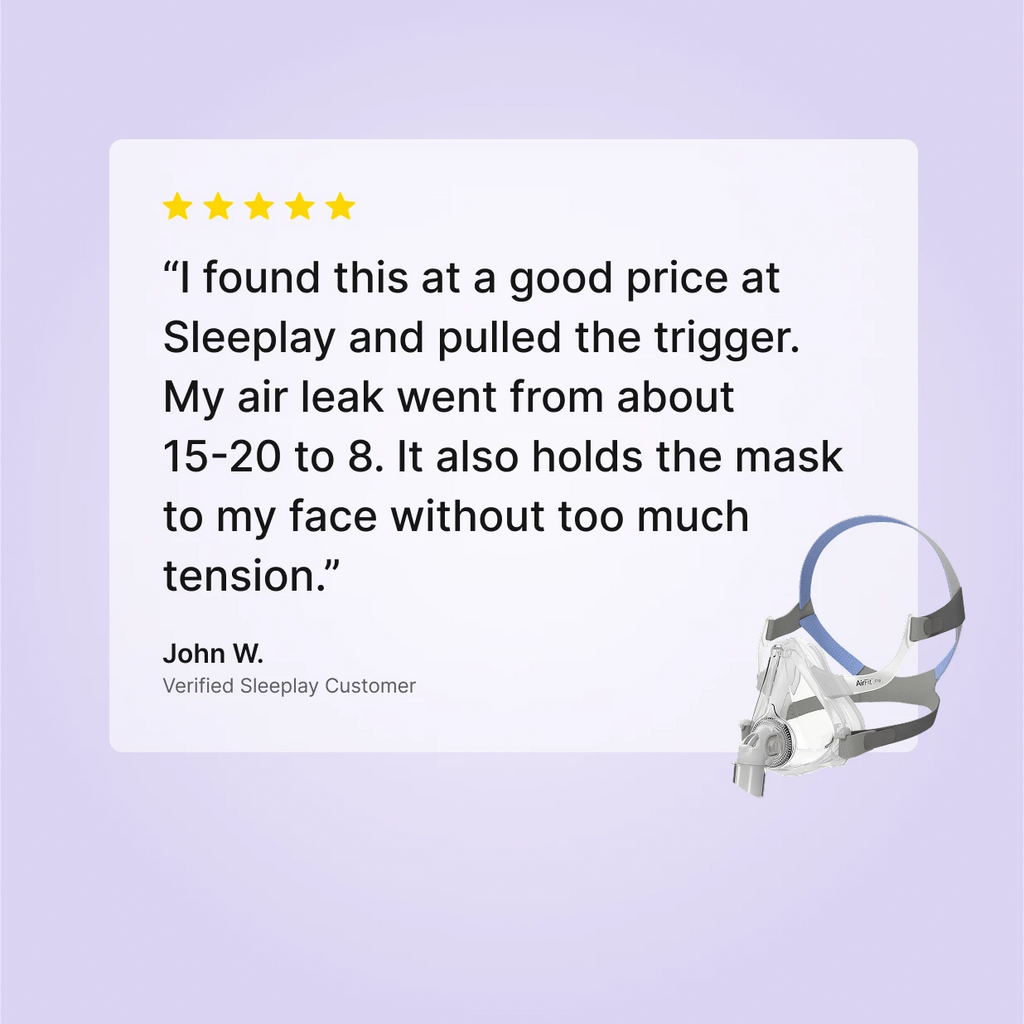 Five-star customer review of the ResMed AirFit F10 Full Face CPAP Mask reporting reduced air leak and a secure fit