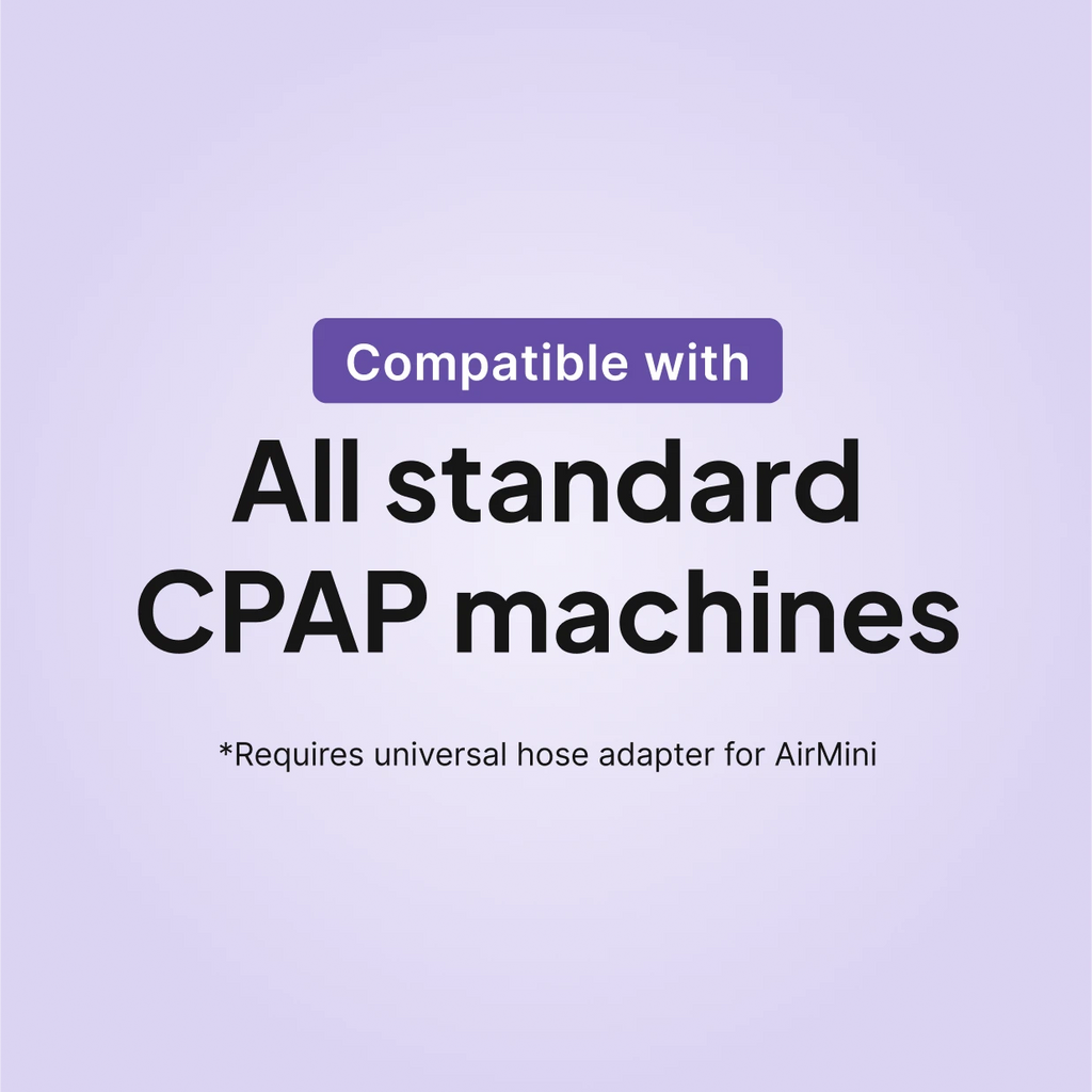 ResMed AirFit X30i Full Face CPAP Mask compatibility infographic: fits all standard CPAP machines, universal hose adapter required for AirMini.