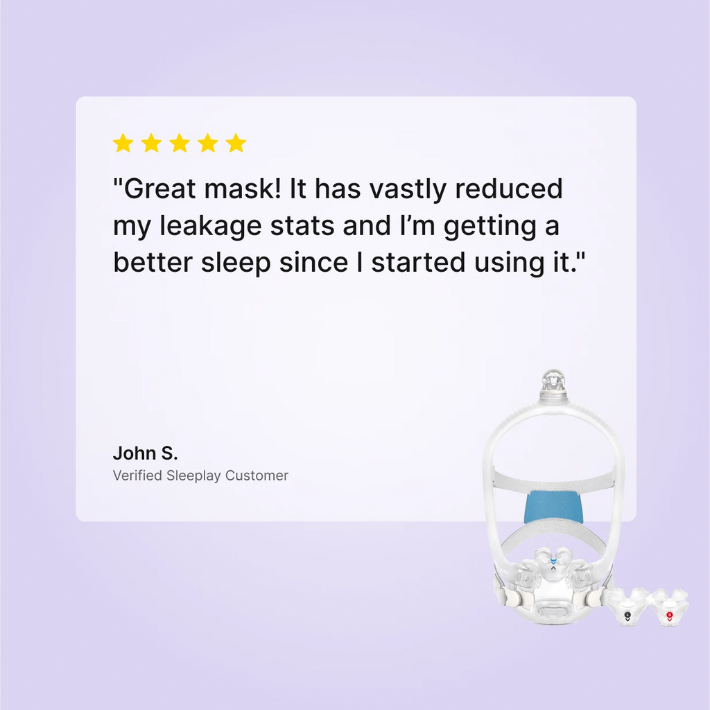 5-star review of ResMed AirFit X30i Full Face CPAP Mask by John S., Verified Sleeplay Customer: vastly reduced leakage stats and better sleep quality.