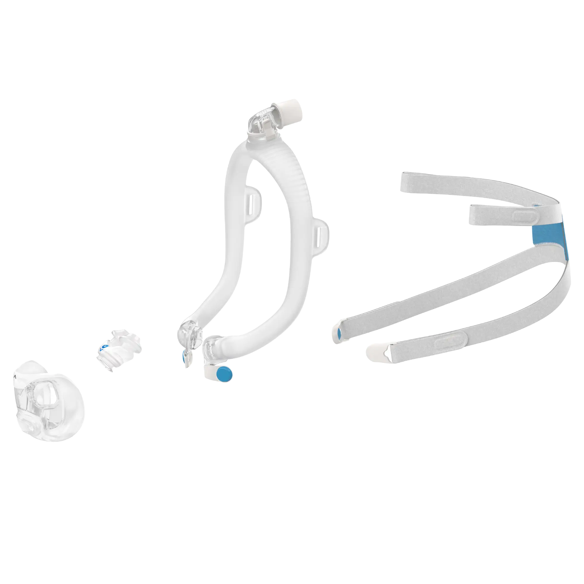 ResMed AirFit X30i mask components laid out: cushion, frame with top-of-head tube connection, and headgear