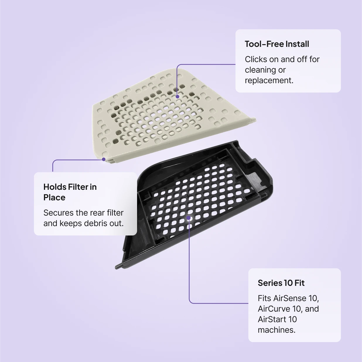 ResMed AirSense 10 AirCurve 10 Filter Cover: tool-free install, holds filter in place, fits AirSense 10, AirCurve 10, and AirStart 10 machines.