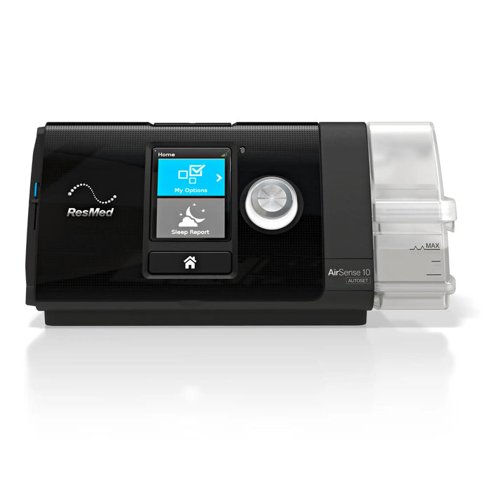 ResMed AirSense 10 AutoSet CPAP machine, front view showing color display and HumidAir water chamber