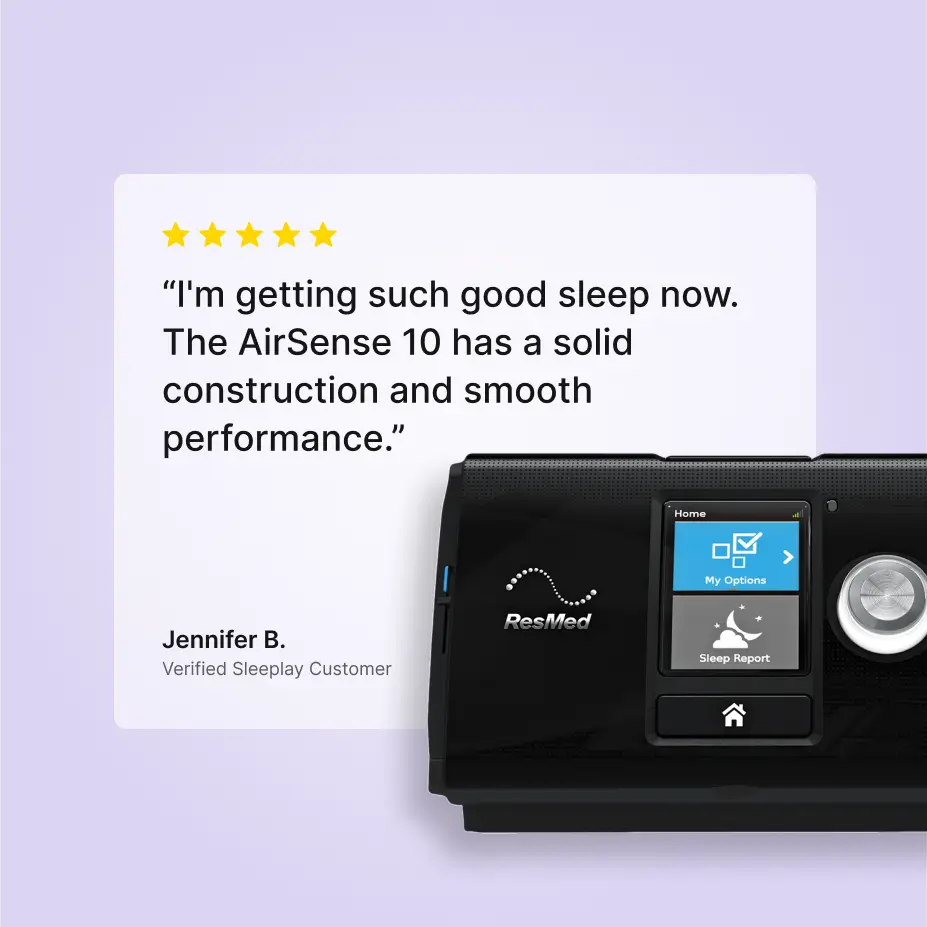 Customer review graphic for ResMed AirSense 10 with five star rating and testimonial quote