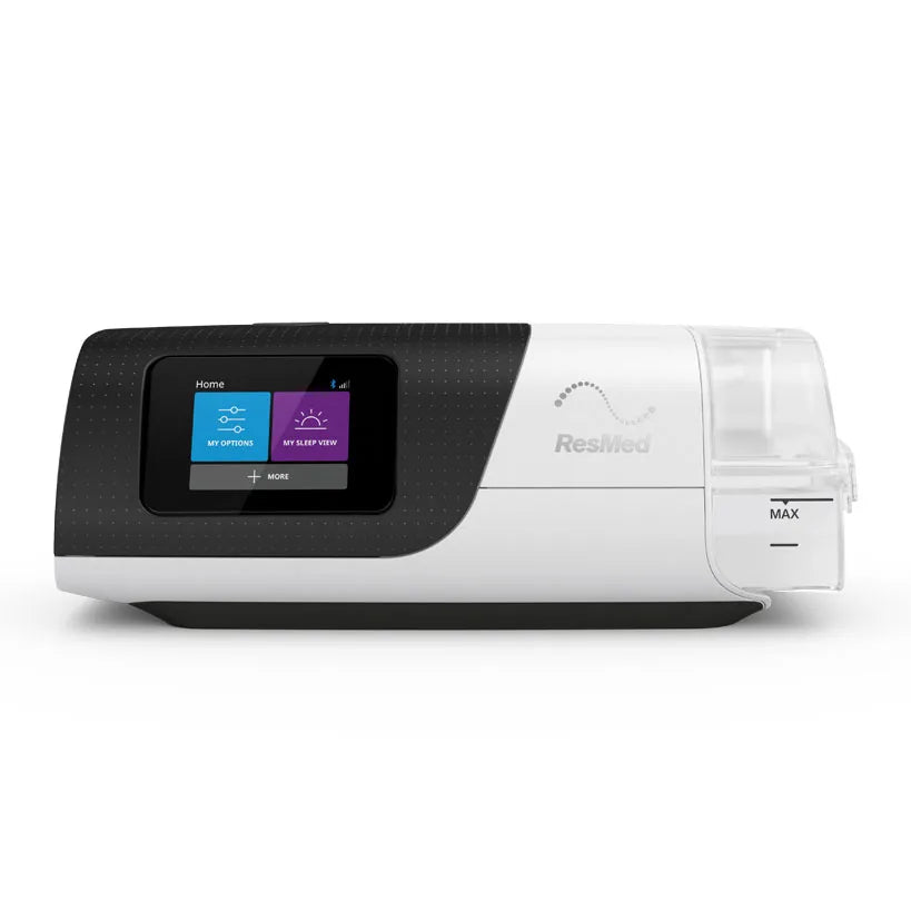 ResMed AirSense 11 AutoSet CPAP machine, front view with color touchscreen and HumidAir water tub