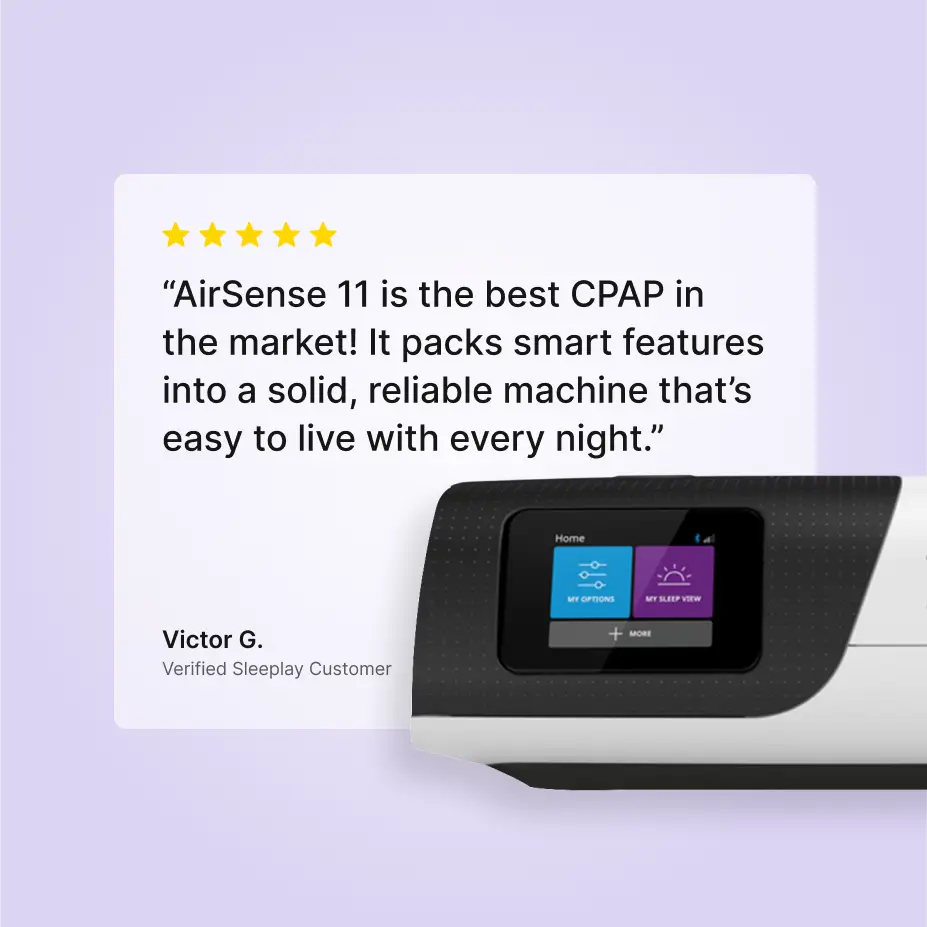Five star Sleeplay customer review card for the ResMed AirSense 11 AutoSet, touchscreen shown below