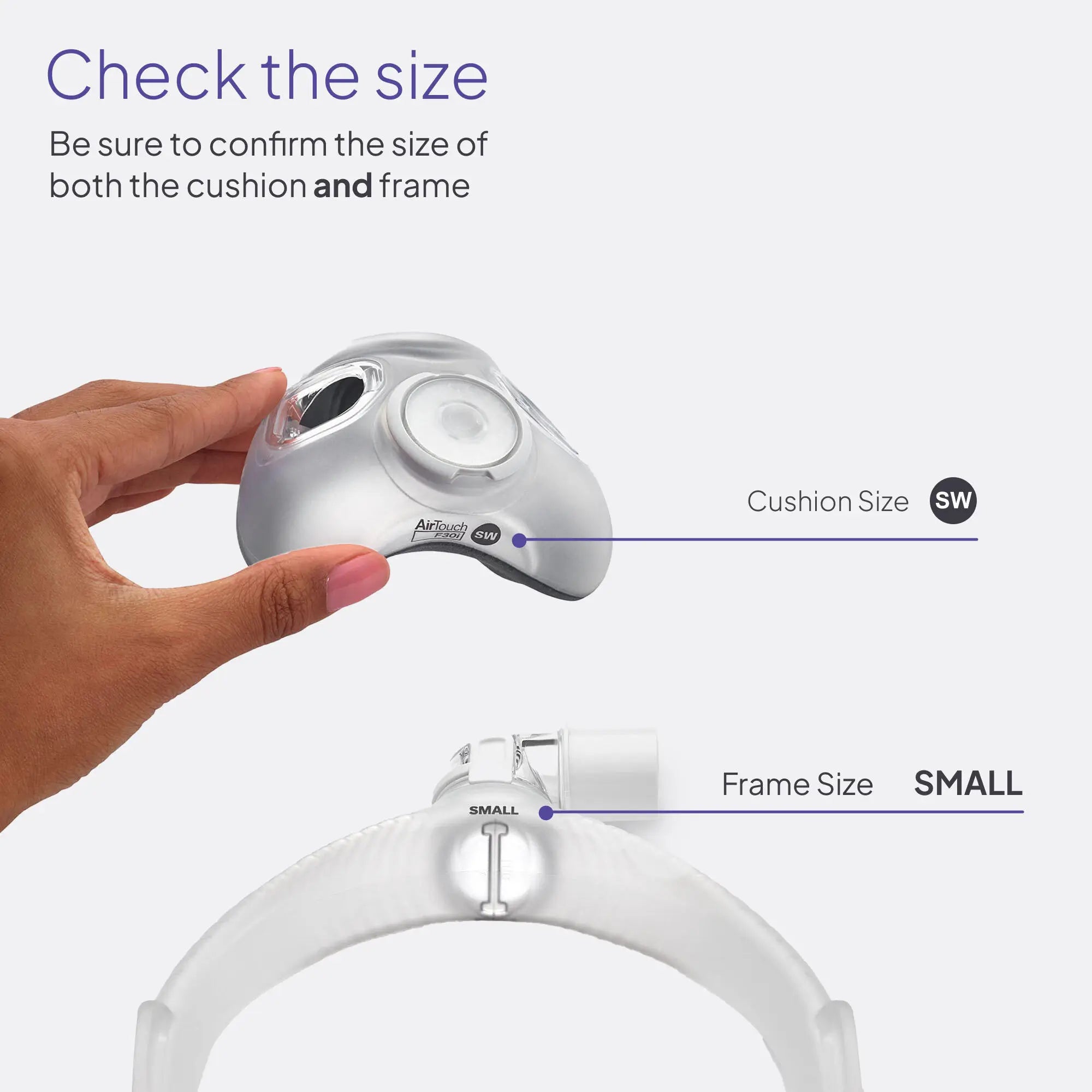 ResMed AirTouch F30i Full Face CPAP Mask cushion and frame size