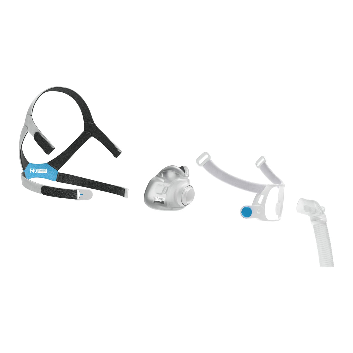 ResMed AirTouch F40 mask parts: headgear, frame, ComfiSoft cushion and tube, exploded view