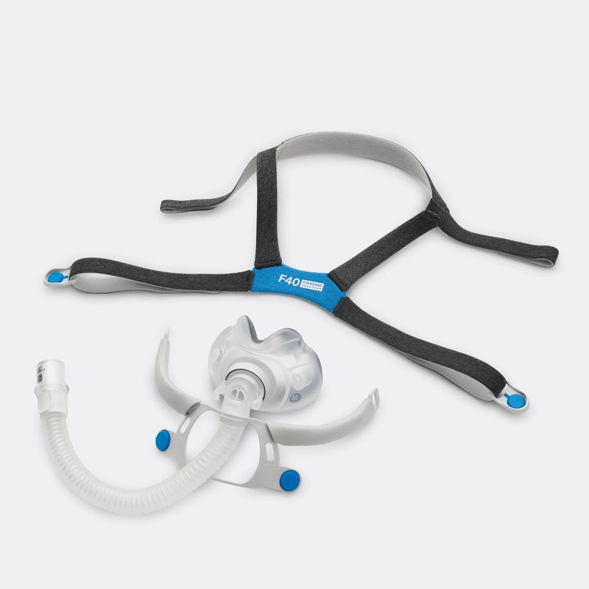 ResMed AirTouch F40 mask system laid flat with standard headgear, frame and cushion