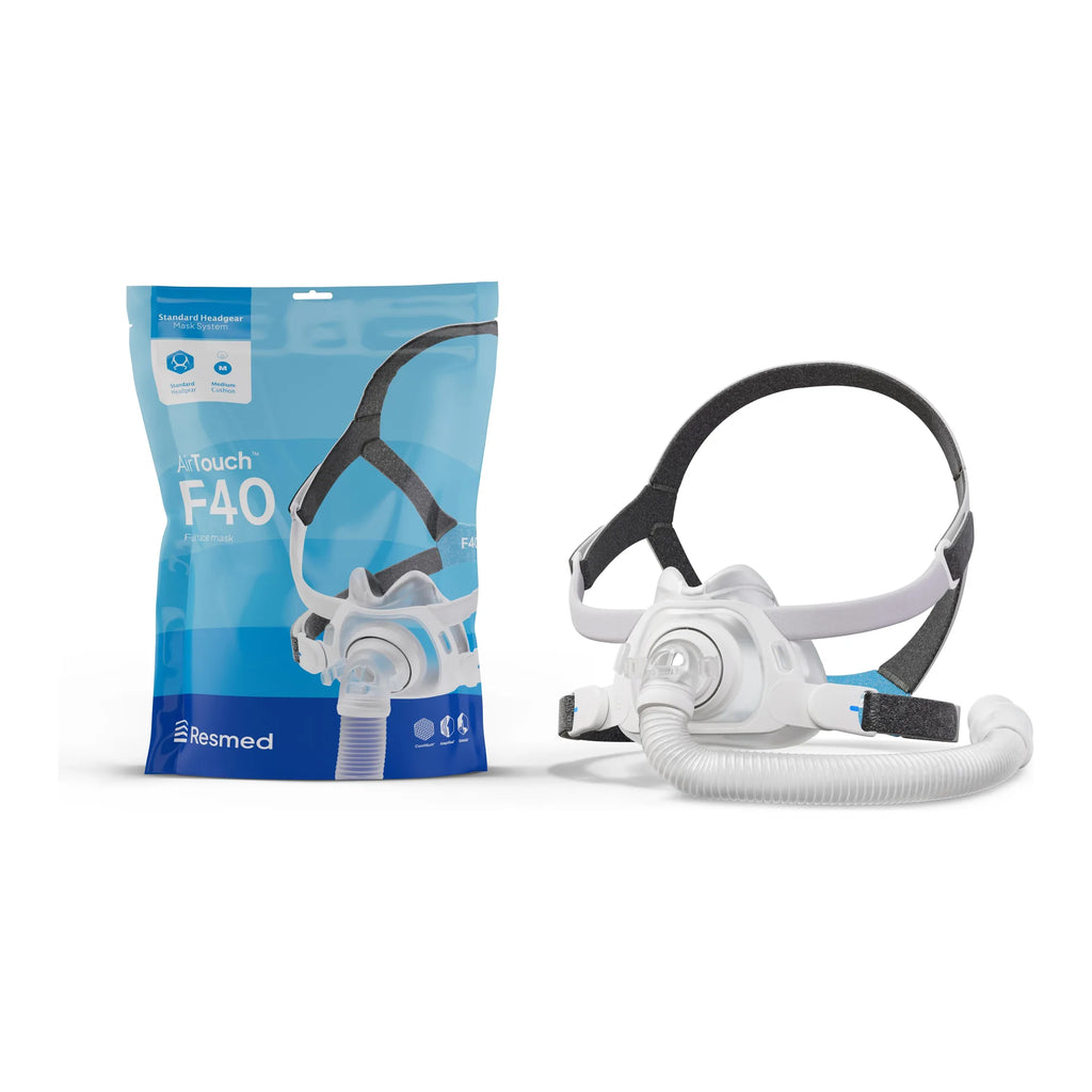 ResMed AirTouch F40 full face mask next to its retail packaging