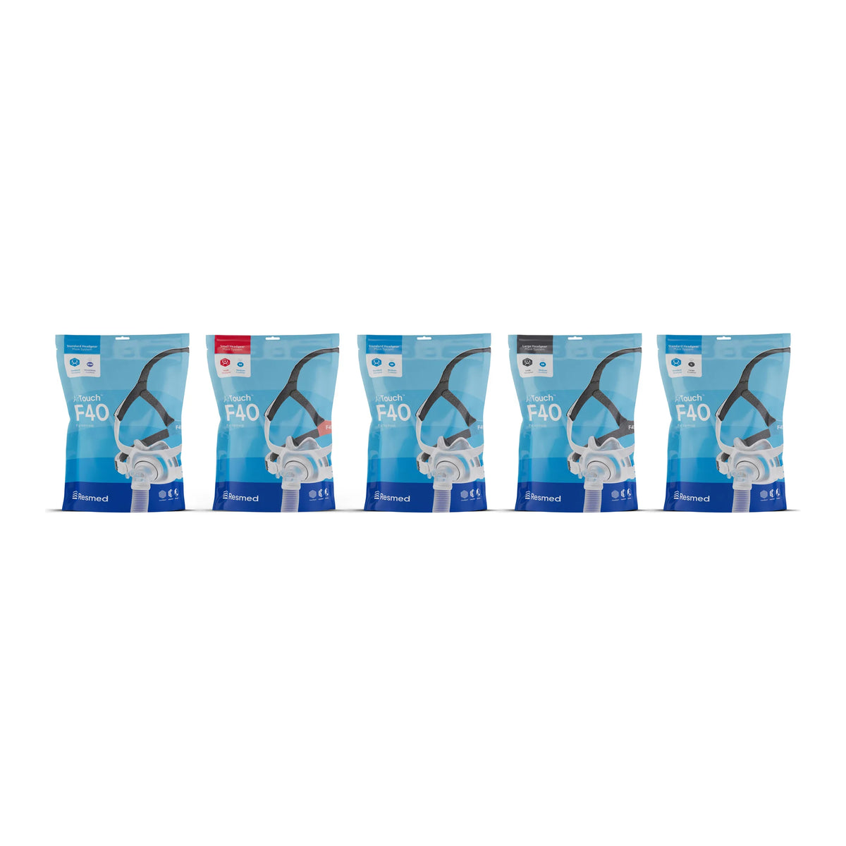 ResMed AirTouch F40 mask system packaging for each cushion and headgear size