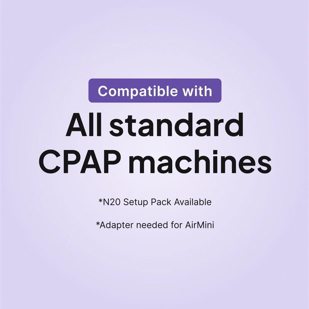 ResMed AirTouch N20 Nasal CPAP Mask compatibility infographic: fits all standard CPAP machines, N20 Setup Pack available, adapter needed for AirMini.