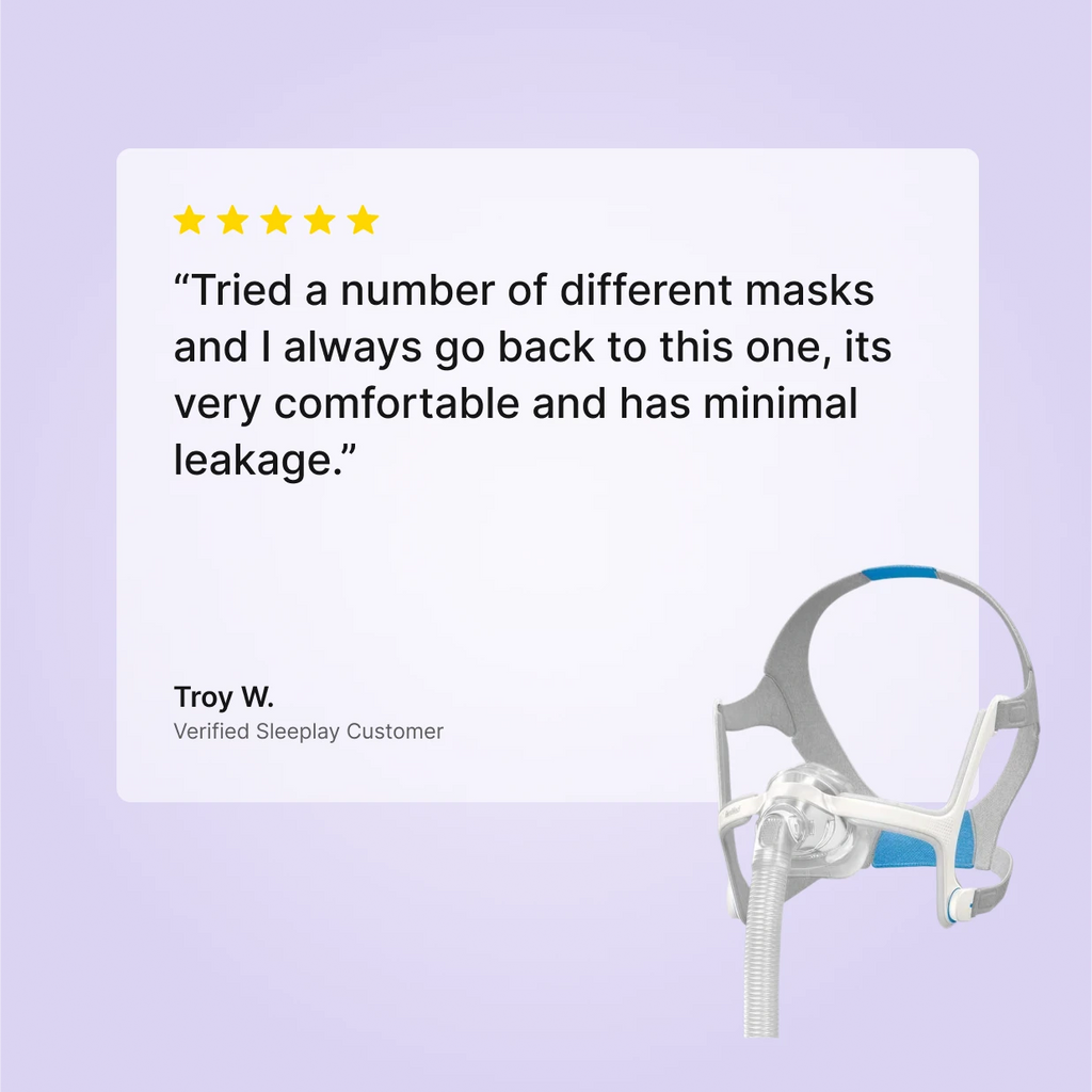 5-star review of ResMed AirTouch N20 Nasal CPAP Mask by Troy W., Verified Sleeplay Customer: comfortable fit with minimal leakage.