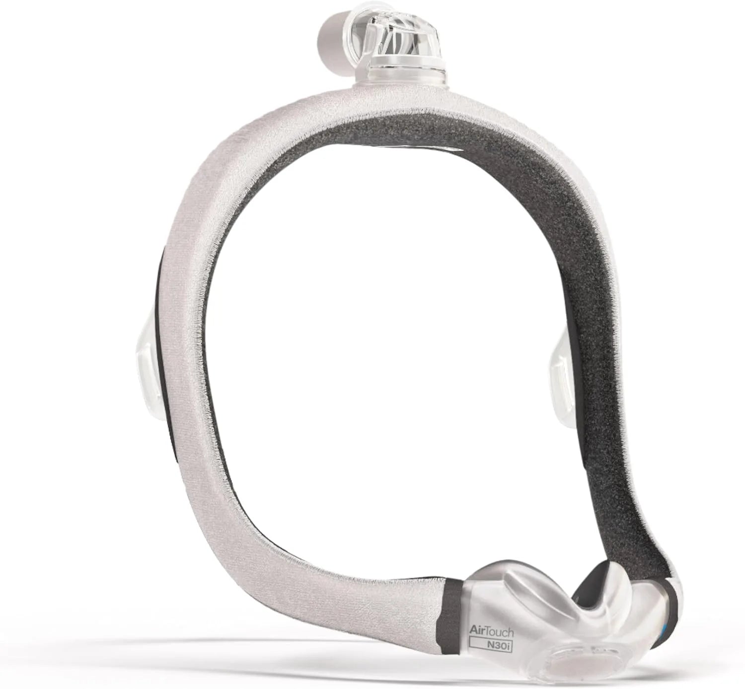 ResMed AirTouch N30i nasal mask without headgear, side view of the frame, ComfiSoft cushion and elbow