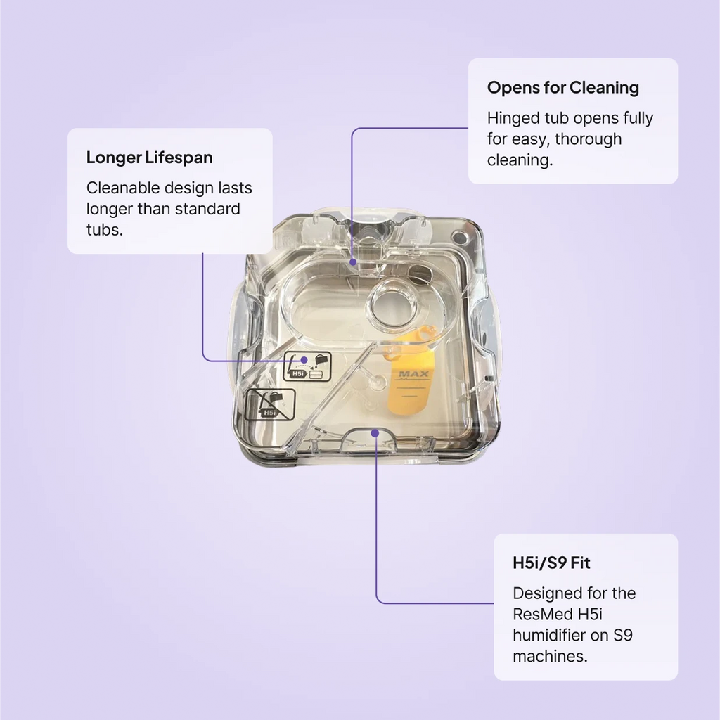 ResMed H5i Cleanable Water Tub: longer-lasting cleanable design, hinged tub opens fully for thorough cleaning, fits H5i humidifier on S9 machines.