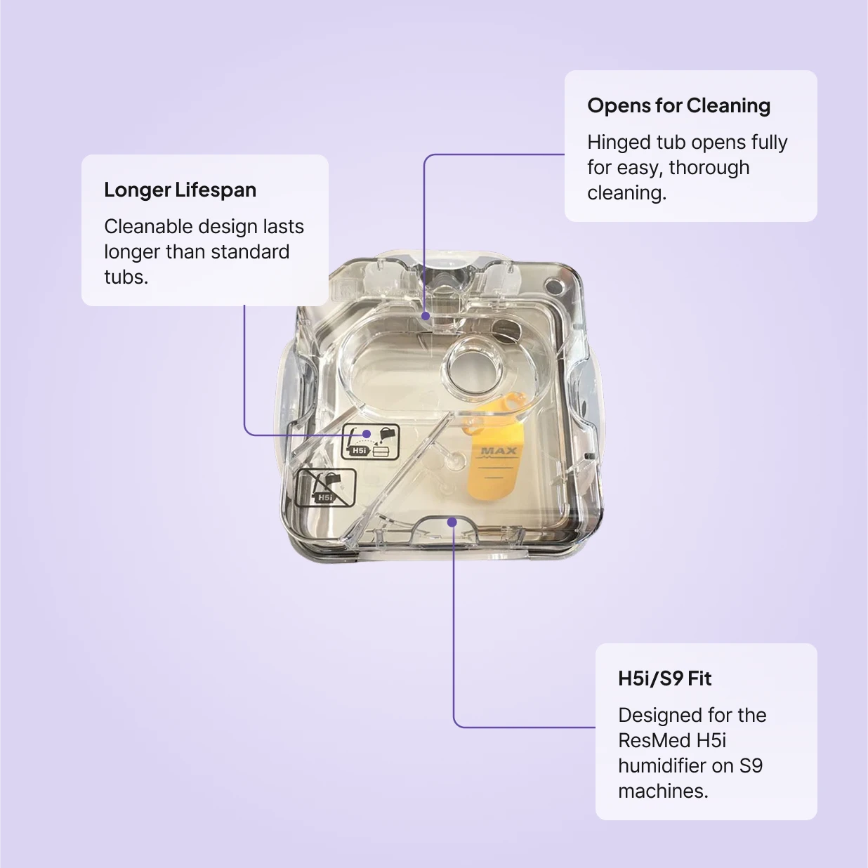 ResMed H5i Cleanable Water Tub: longer-lasting cleanable design, hinged tub opens fully for thorough cleaning, fits H5i humidifier on S9 machines.