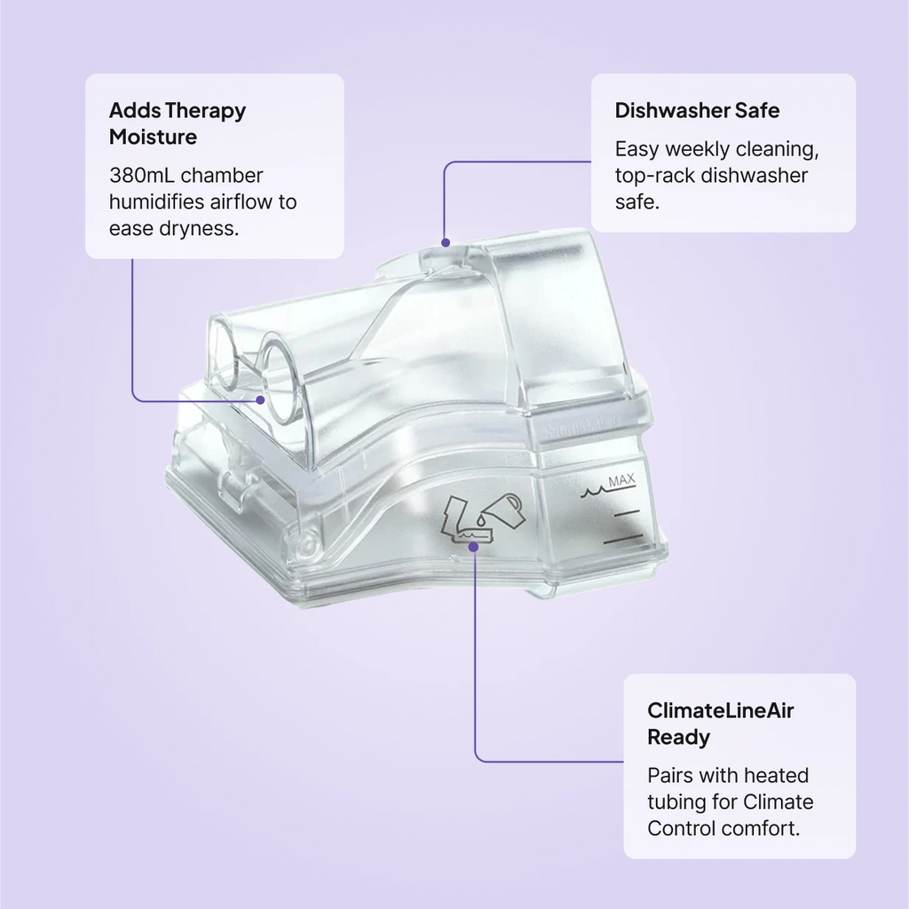 ResMed HumidAir Water Chamber for AirSense 10 and AirCurve 10: 380mL humidification, dishwasher safe, ClimateLineAir ready for heated tubing.