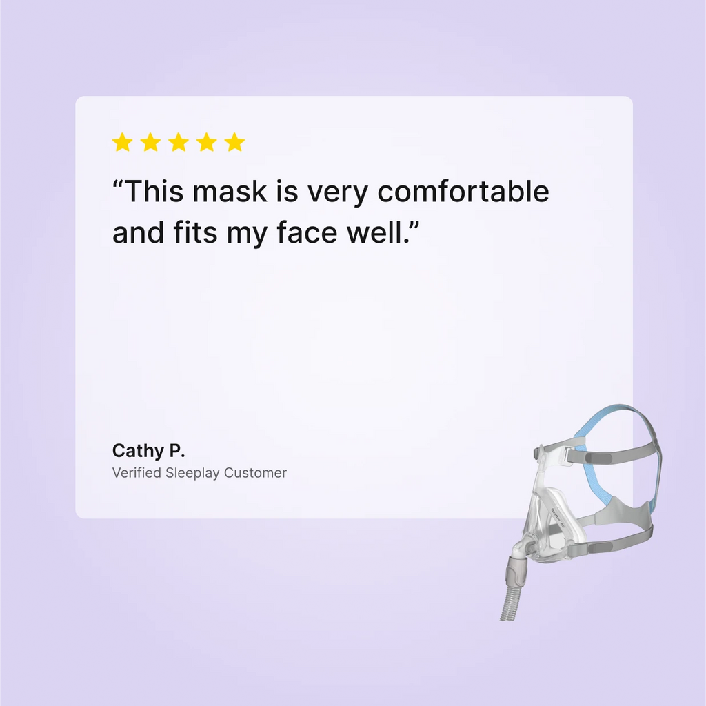 Five-star customer review of the ResMed Quattro Air Full Face CPAP Mask describing it as very comfortable with a great facial fit