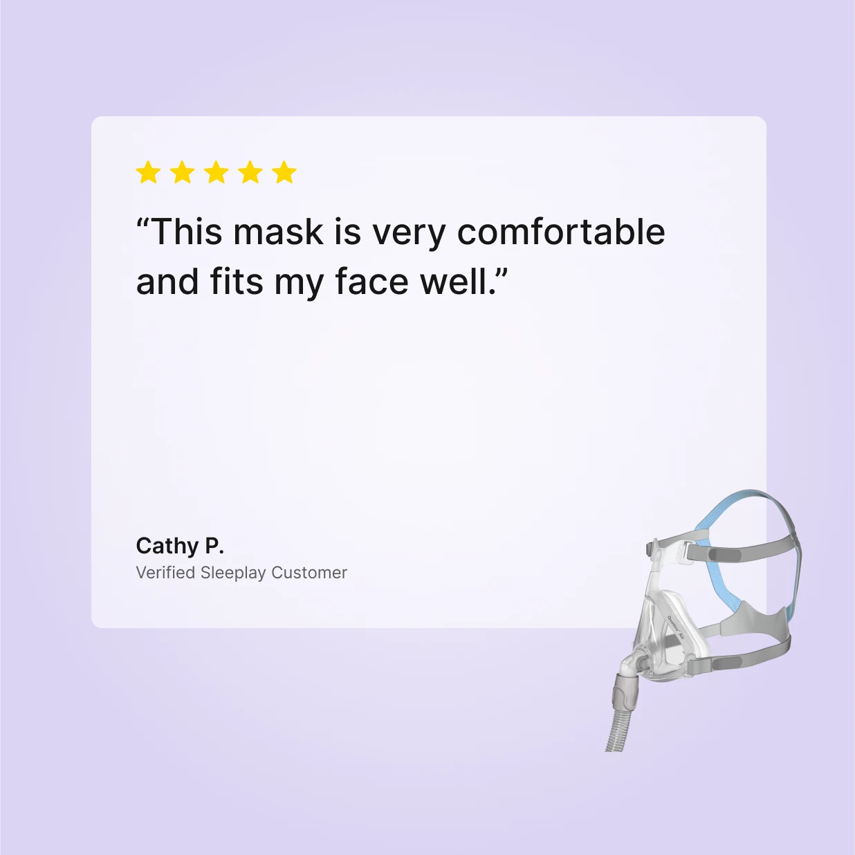 Five-star customer review of the ResMed Quattro Air Full Face CPAP Mask describing it as very comfortable with a great facial fit