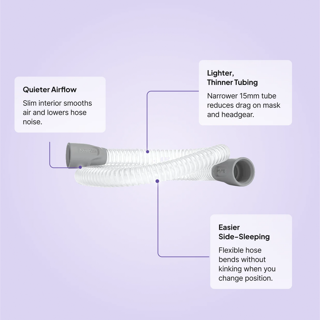 ResMed SlimLine 15mm CPAP tubing: quieter airflow with slim interior, lighter and thinner than standard tubing, flexible hose bends without kinking for side-sleeping.