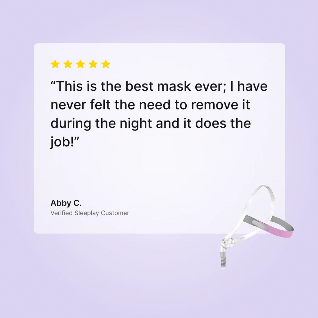 Five-star verified Sleeplay customer review by Abby C.: "This is the best mask ever; I have never felt the need to remove it during the night and it does the job!"