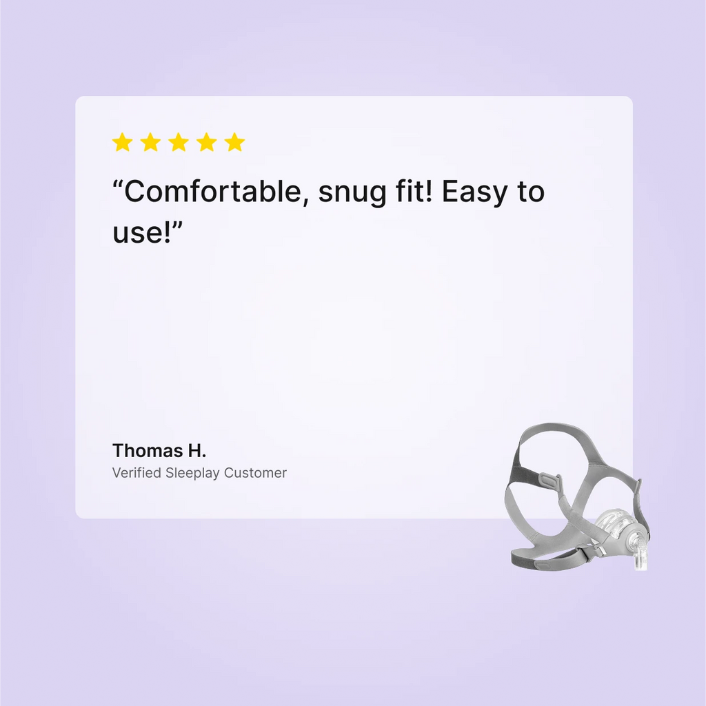 Five-star Sleeplay customer review of the Siesta nasal CPAP mask praising its comfortable snug fit