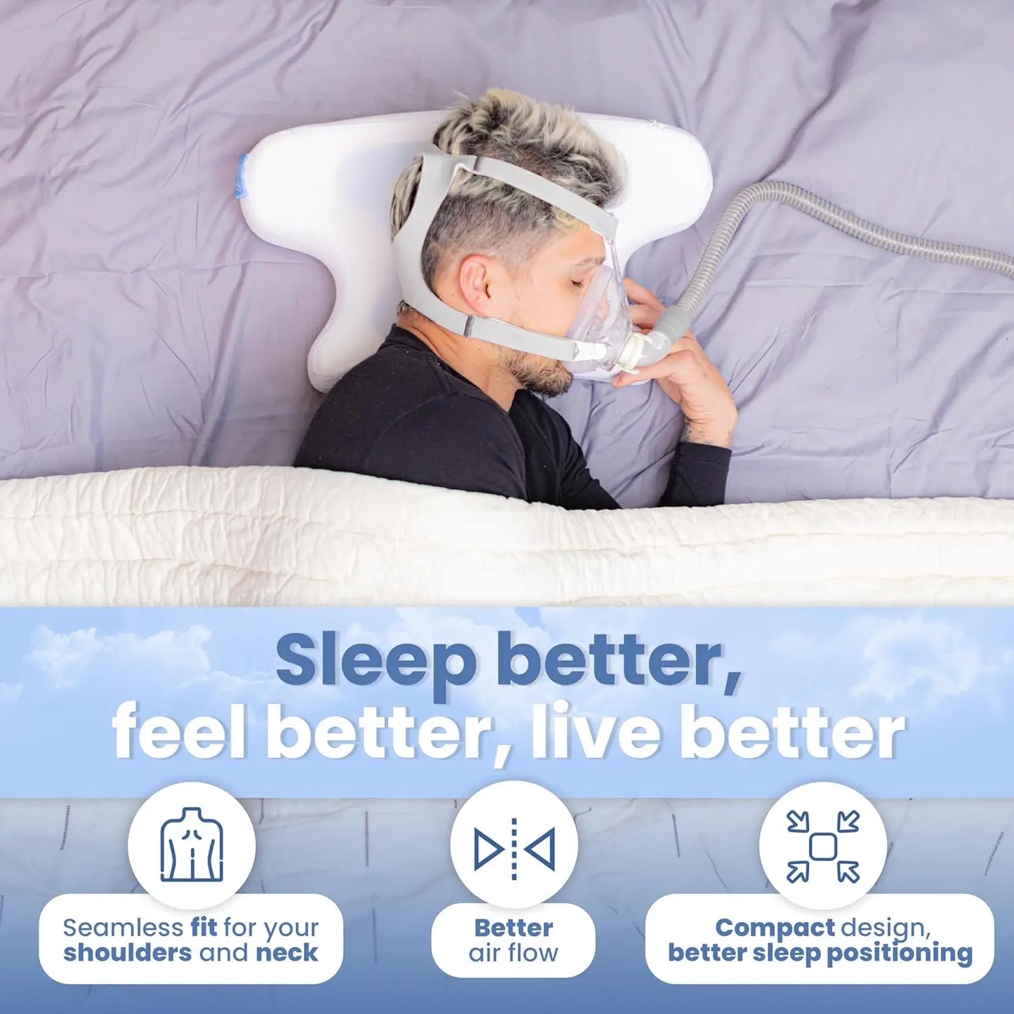 man using a CoolPAP Pillow Contour with cpap mask, sleep better