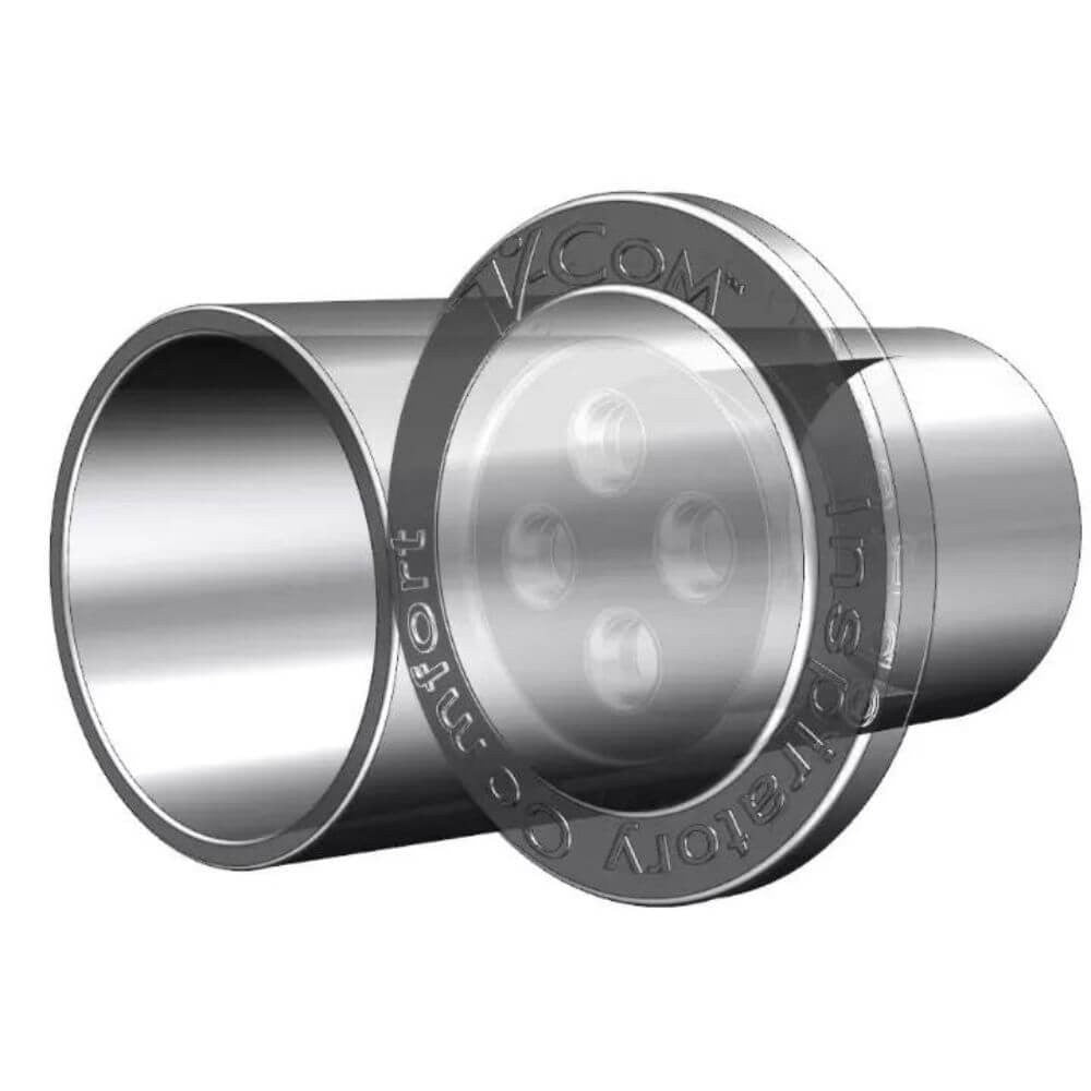 SleepRes V-Com in-line CPAP tubing adapter, angled view showing four flow openings and Inspiratory Comfort ring