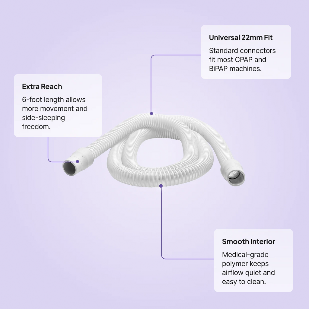 Snugell CPAP tubing with 22mm universal fit, 6-foot extra reach for side-sleeping, and smooth medical-grade polymer interior