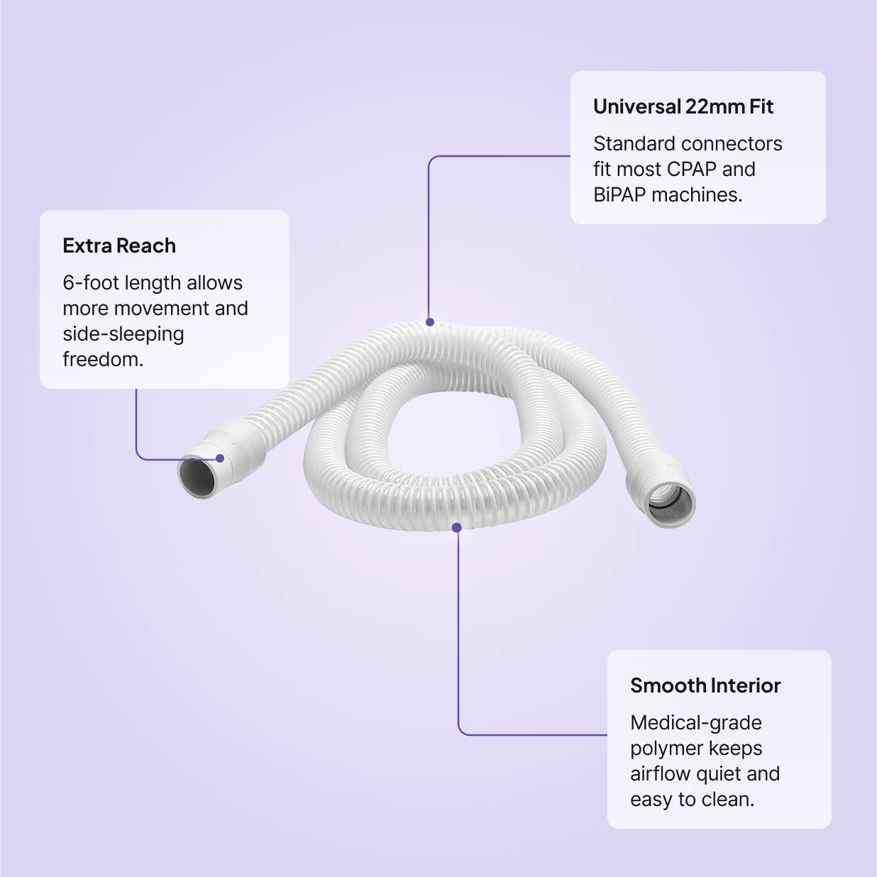 Snugell CPAP tubing with 22mm universal fit, 6-foot extra reach for side-sleeping, and smooth medical-grade polymer interior