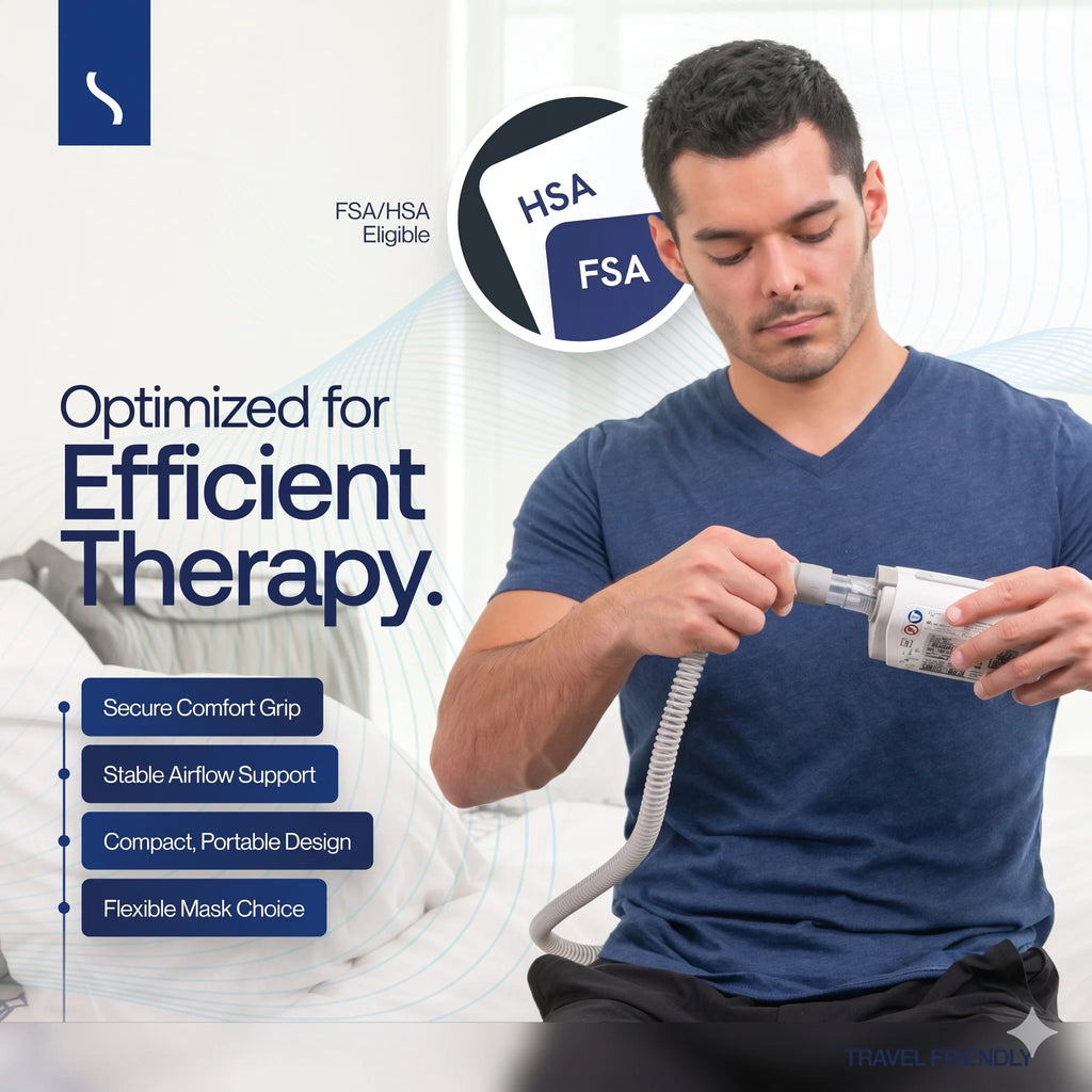Snugell AirMini Tubing Adapter in use — FSA/HSA eligible, compact and travel-friendly with secure comfort grip and stable airflow support