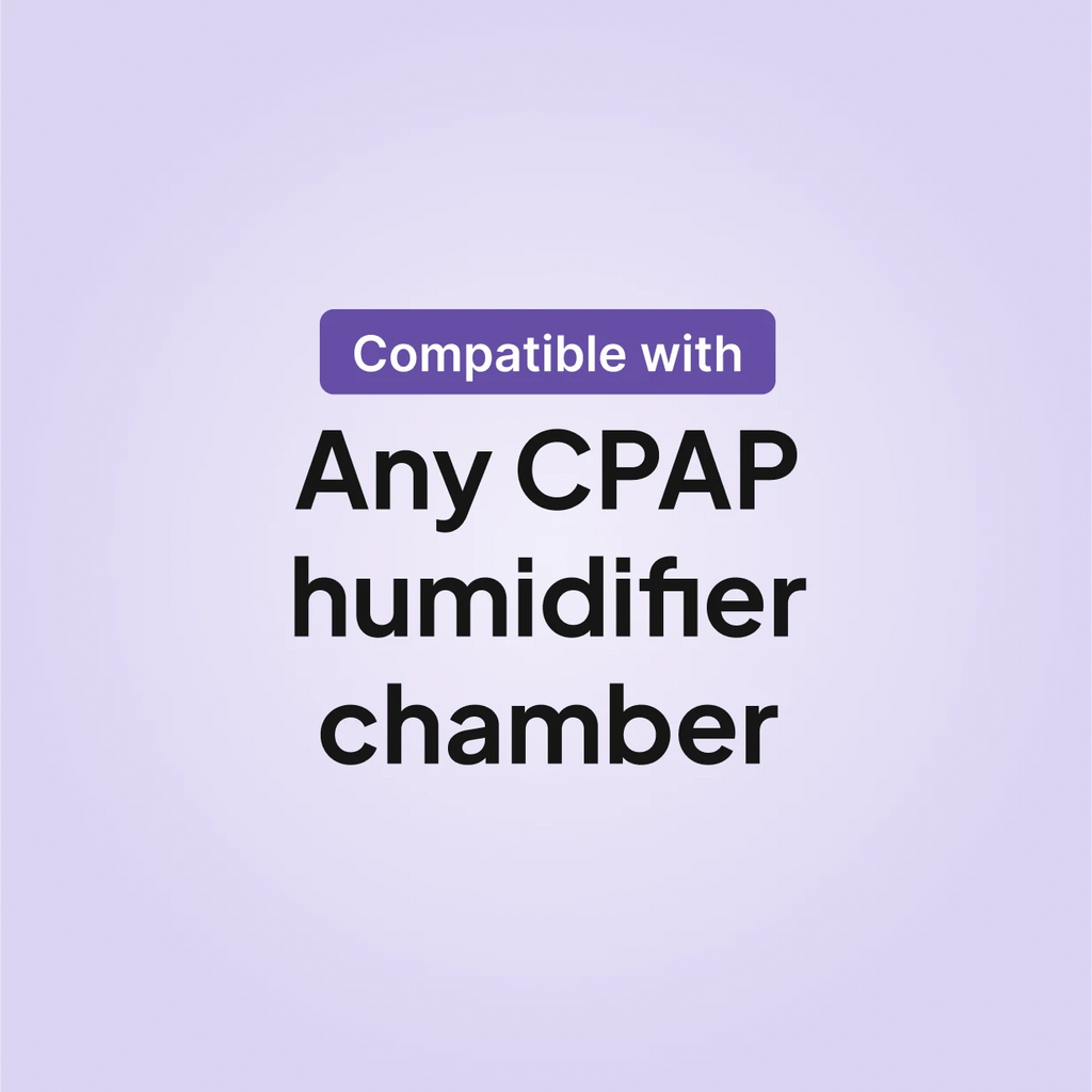 Compatibility graphic showing Snugell CPAP distilled water 12oz bottle works with any CPAP humidifier chamber.