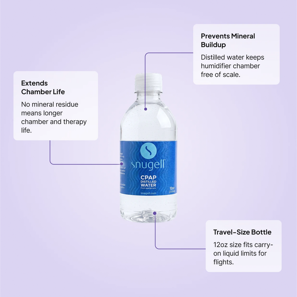 Single Snugell CPAP distilled water 12oz bottle: extends chamber life with no mineral residue, prevents mineral buildup in humidifier, travel-size bottle fits carry-on liquid limits.