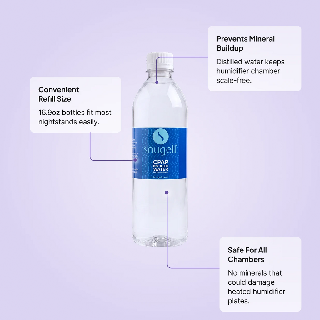 Snugell CPAP distilled water 16.9oz bottle: convenient refill size, prevents mineral buildup, safe for all heated humidifier chambers.
