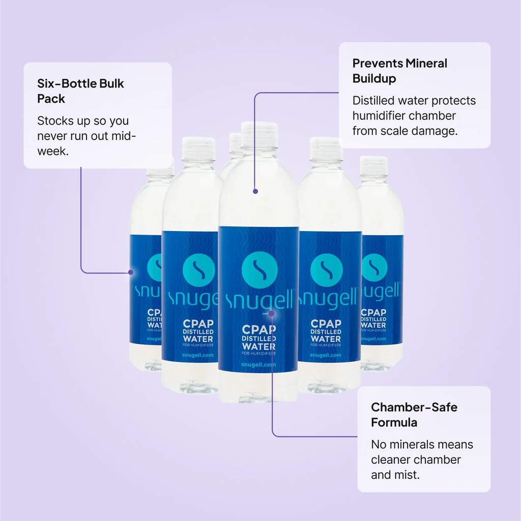 Six Snugell CPAP distilled water 20oz bottles: bulk 6-pack to prevent running out, prevents mineral buildup in humidifier chamber, chamber-safe formula with no minerals.