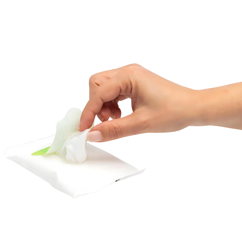 Hand pulling a fresh CPAP mask wipe from its compact travel packet on a white background