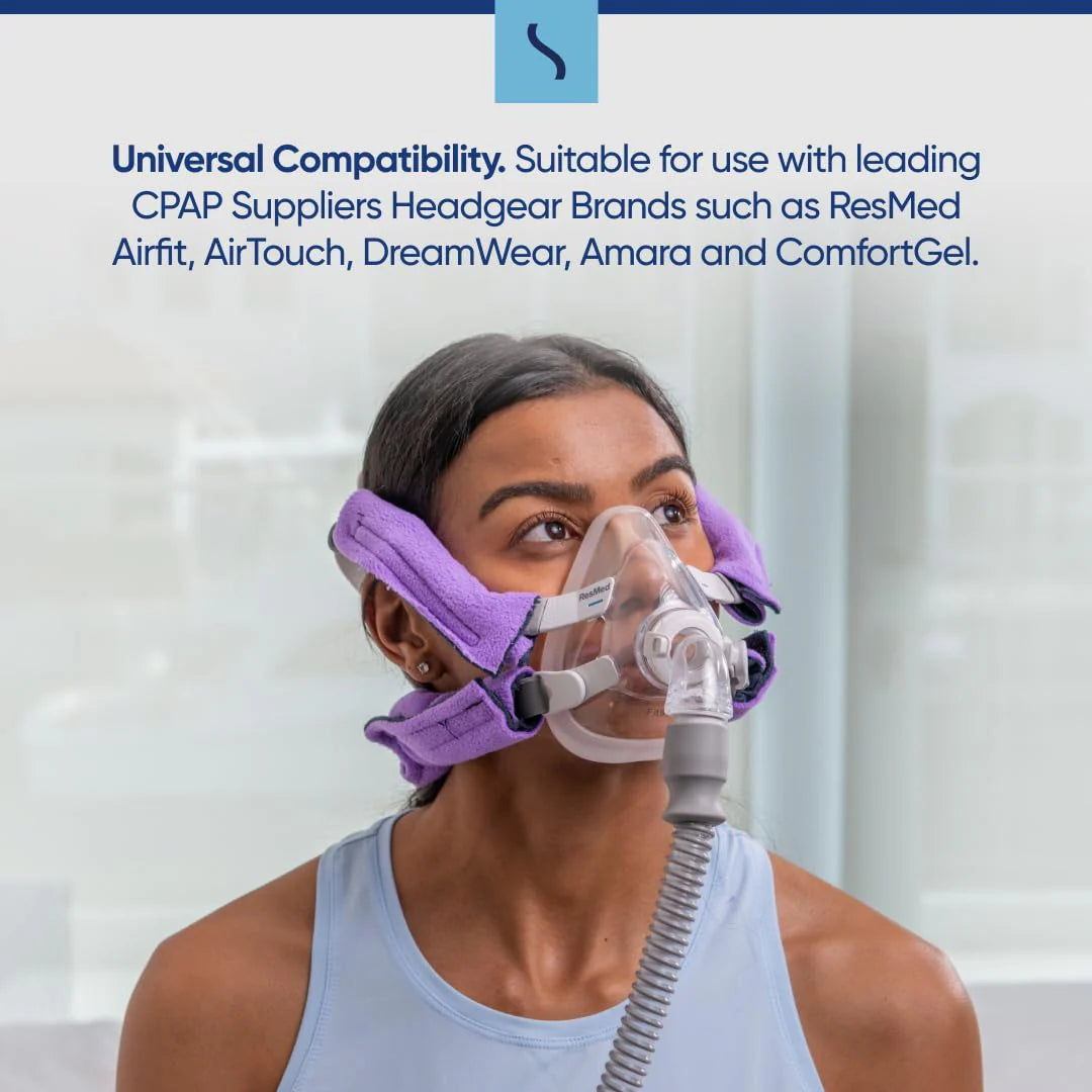 Woman using the Snugell CPAP Neck Pad Headgear Strap Covers purple