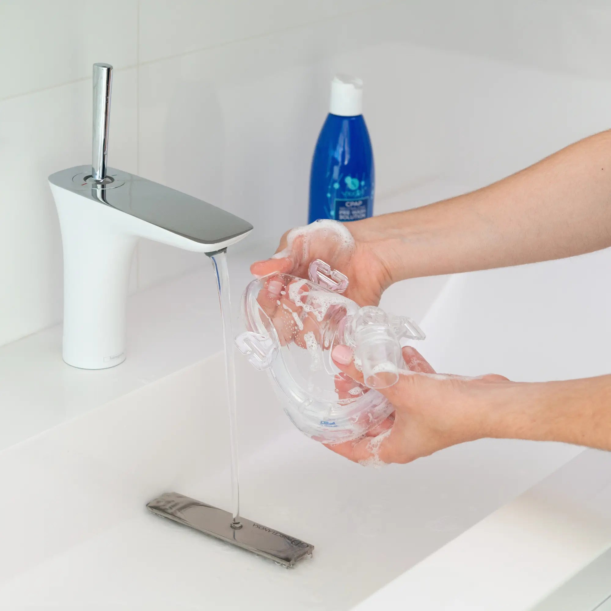 washing a cpap mask with the CPAP Cleaner Soap Pre-Wash Solution