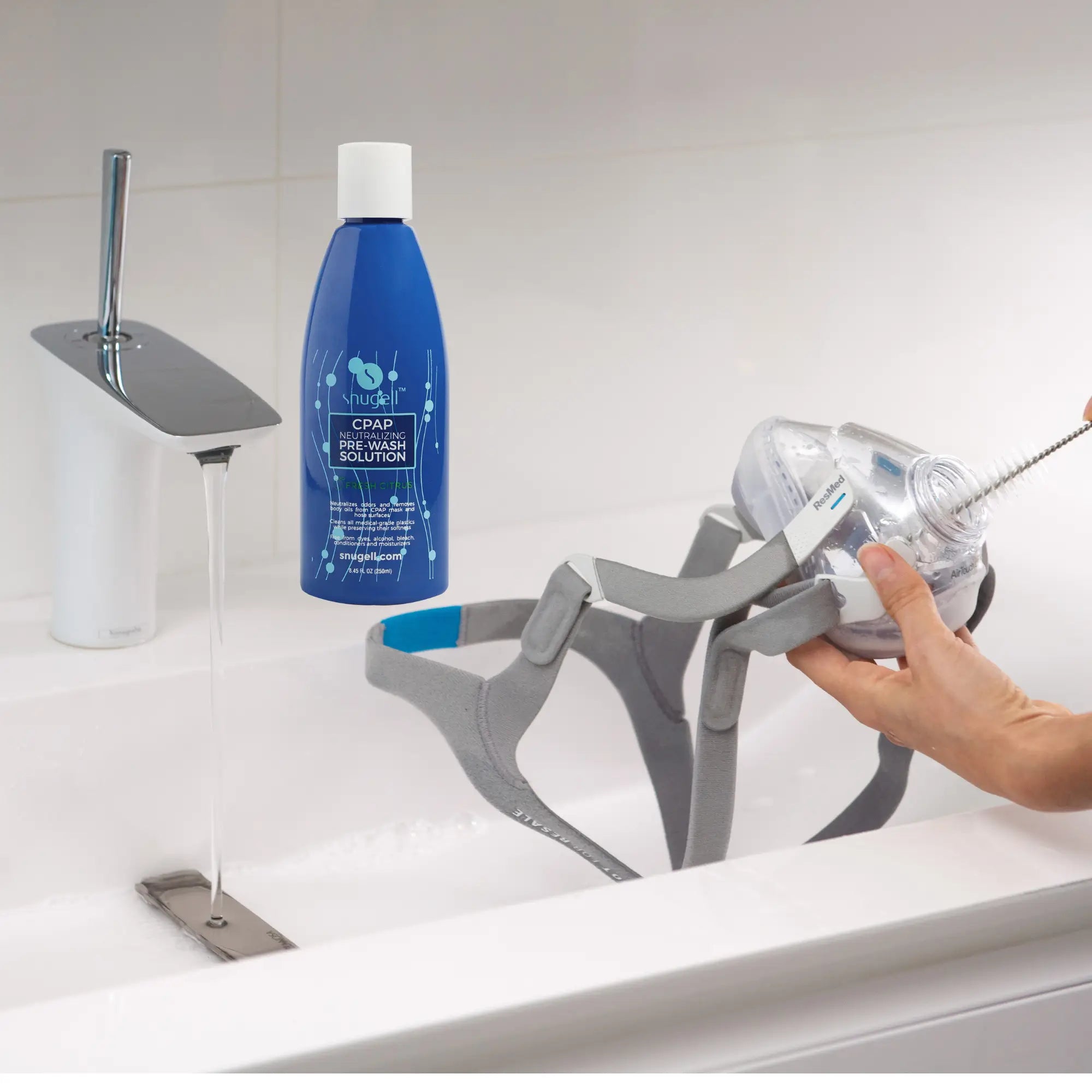 washing a CPAP Mask with the brush set and the CPAP Cleaner Soap Pre-Wash Solution