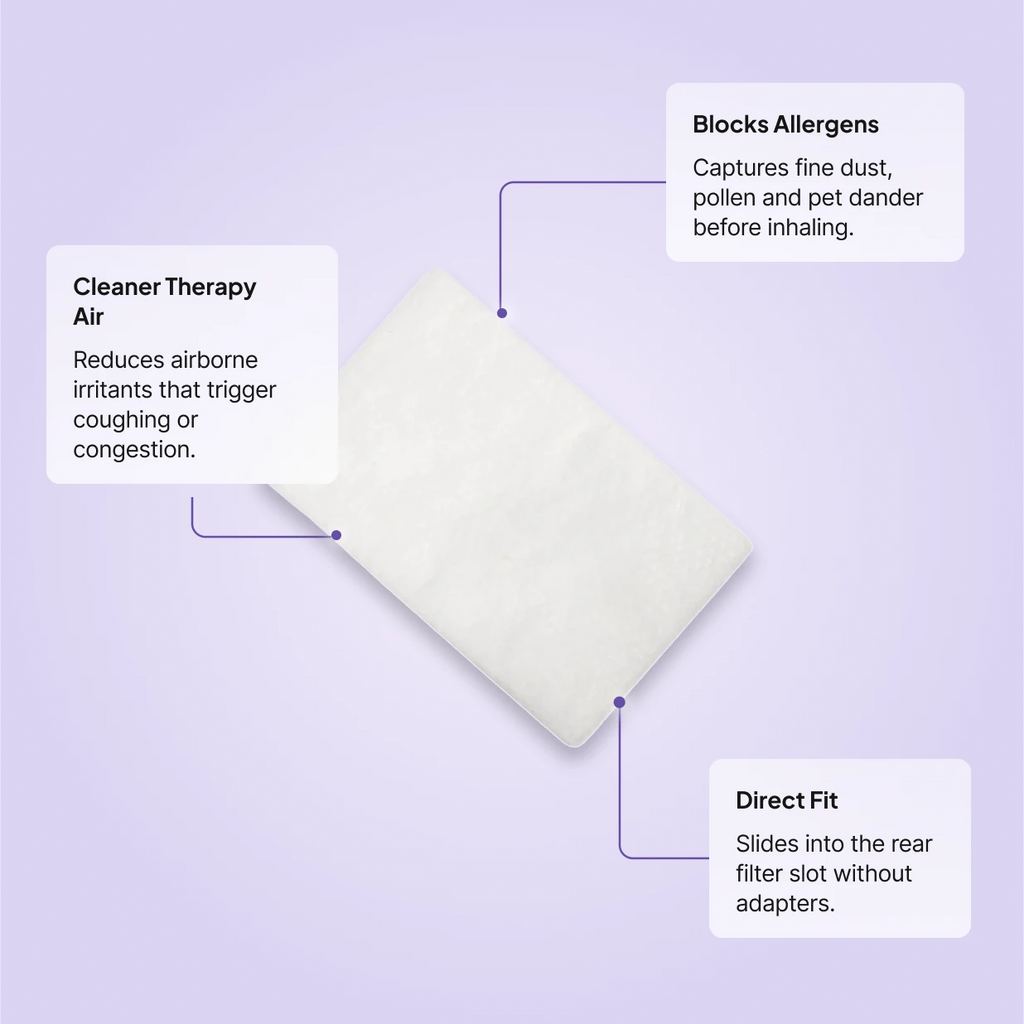 Hypoallergenic filter pad showing cleaner therapy air, allergen blocking, and direct-fit slot installation features