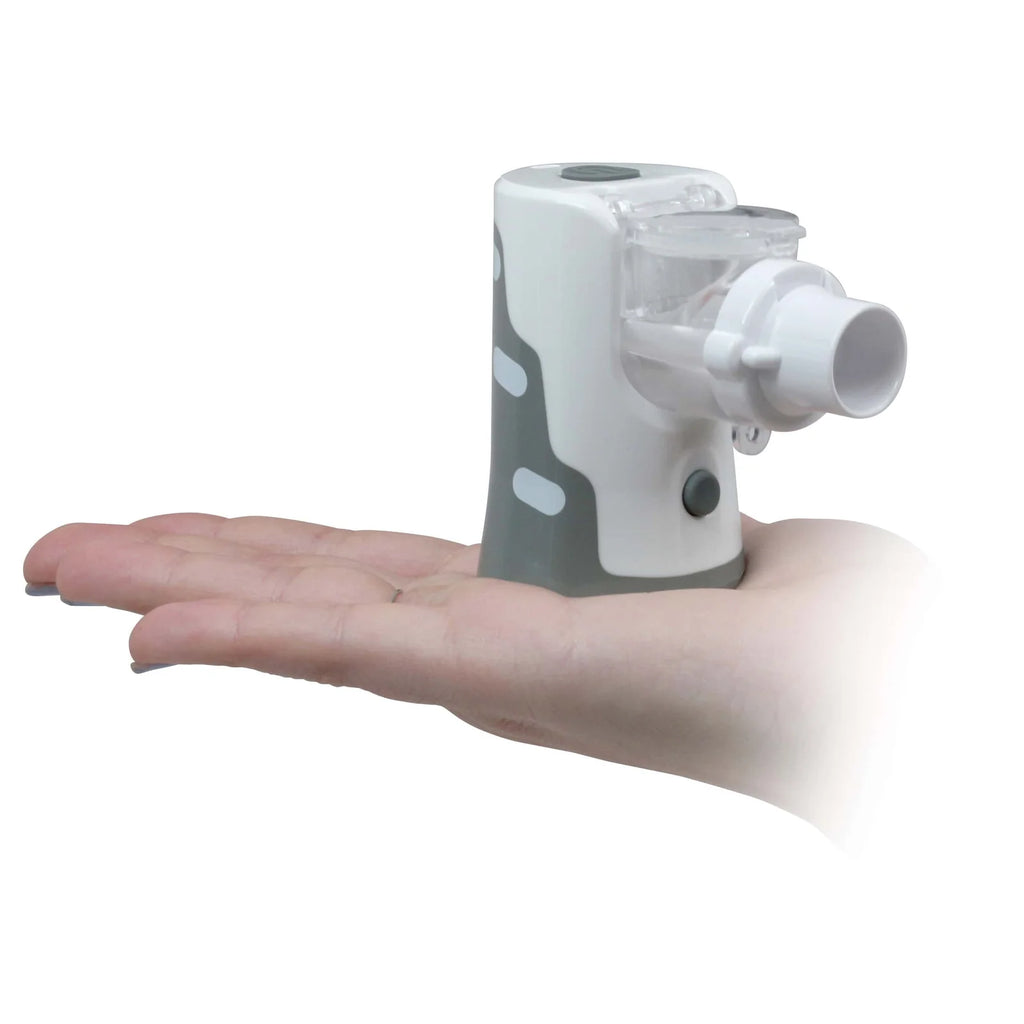 Sunset NEB400 mesh nebulizer held in a hand to show its palm size